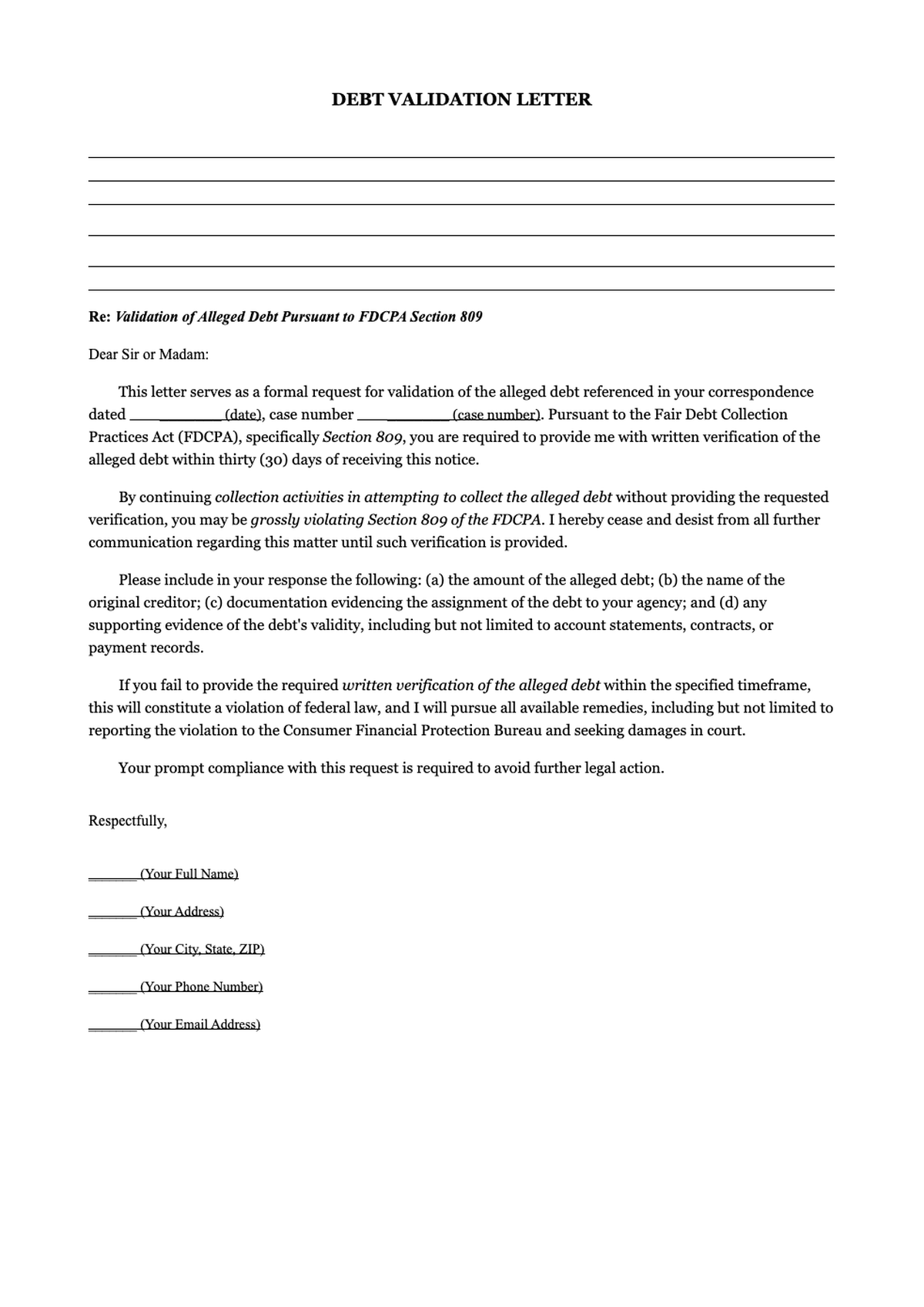Second letter requesting debt validation under FDCPA Section 809_variant_1